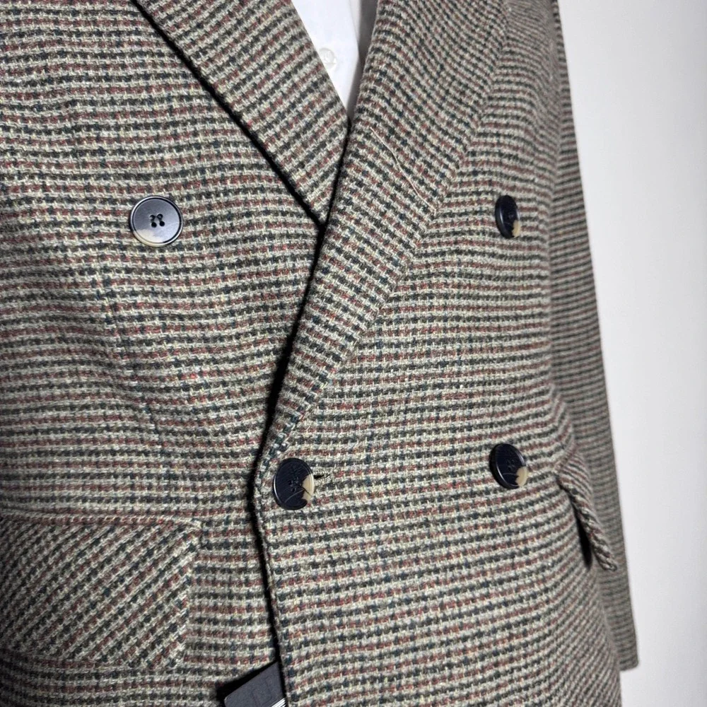 Mina Self Blazer Mens XL Green Grid Wool Blend Double Breasted Peak Lapel 23QDYT